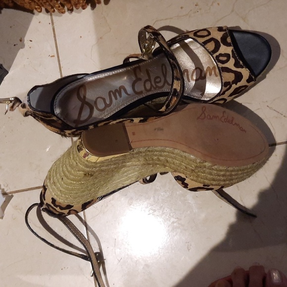 5" SEXXXY NAUGHTY 🐆 LEOPARD PEEP TOW High heel WEDGES ankle strap SAM EDELMAN - Picture 3 of 5